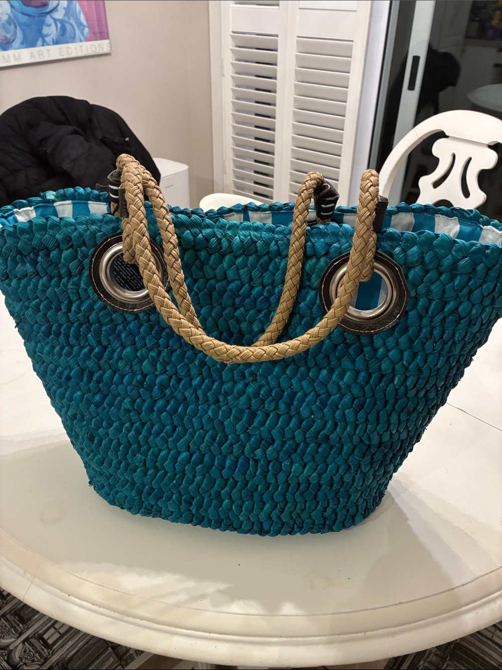 Sun and sand Teal Woven Tote Bag with Rope Handles Large